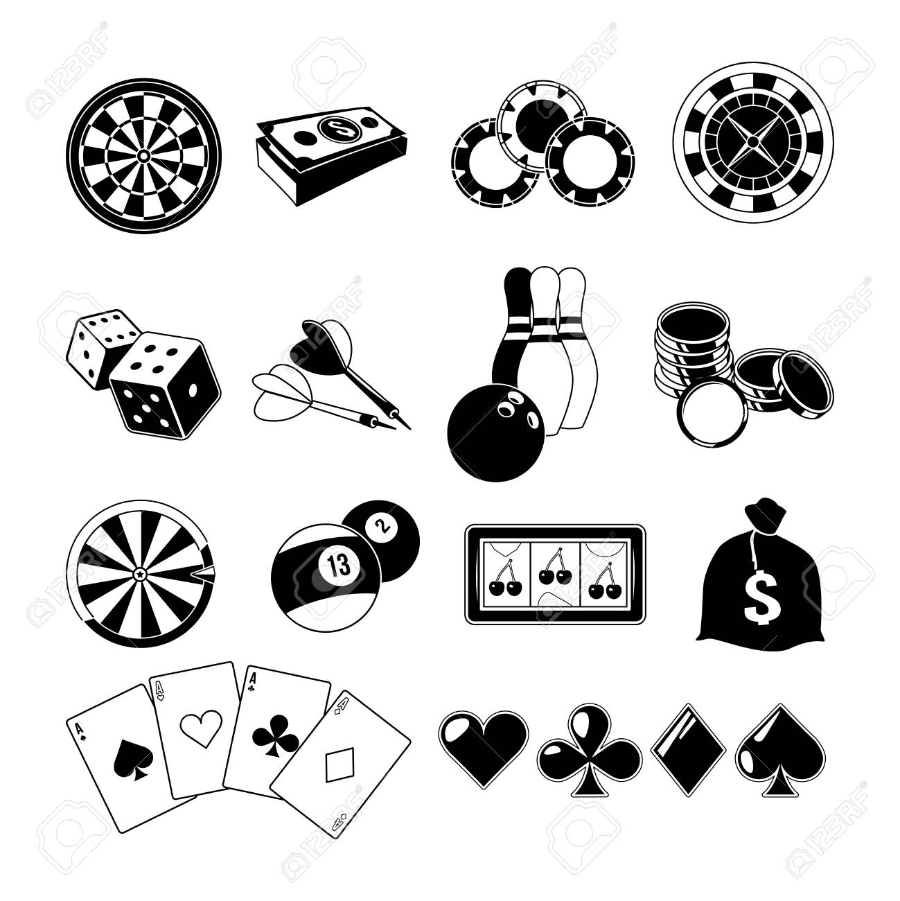 ギャンブル、カード ゲーム、および別のカジノのエンターテイメント。モノクロ イラストを設定します。ベクター シルエットのイラスト素材・ベクター  Image 83921979