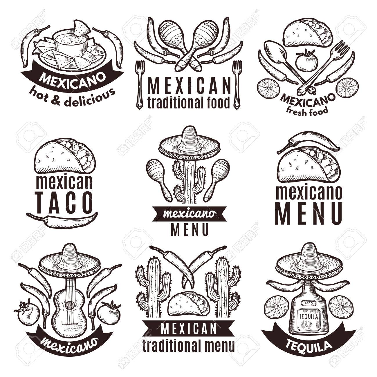 Label Set With Traditional Mexican Symbols. Food Emblems For ...