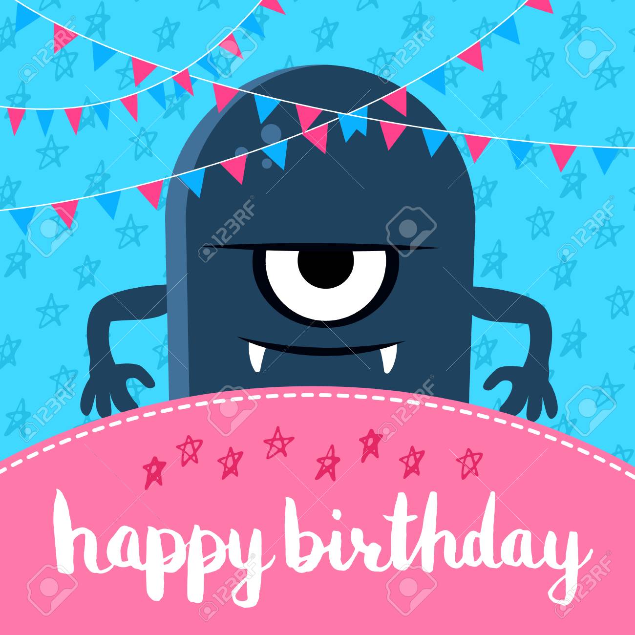 かわいい漫画モンスターと花輪の文字ベクトルお誕生日おめでとうイラストのイラスト素材 ベクタ Image