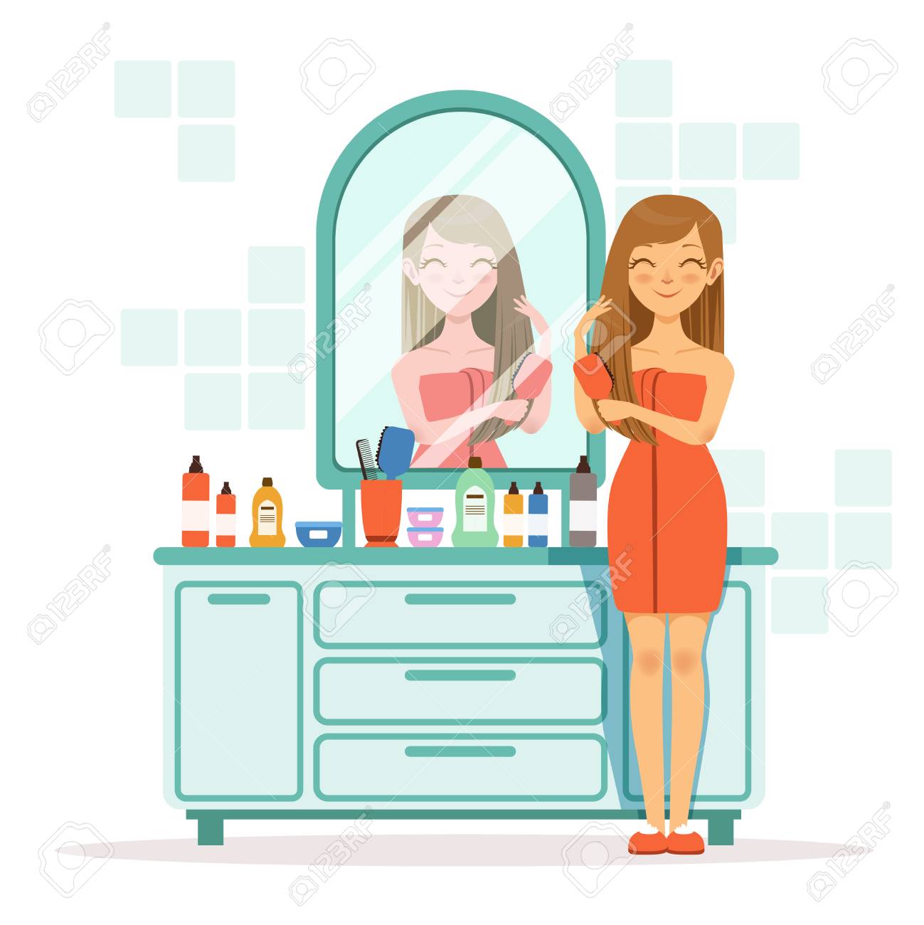 幸せな女が鏡の前の髪をとかすのイラスト素材 ベクタ Image 幸せな女が鏡の前の髪をとかすのイラスト素材 ベクタ Image
