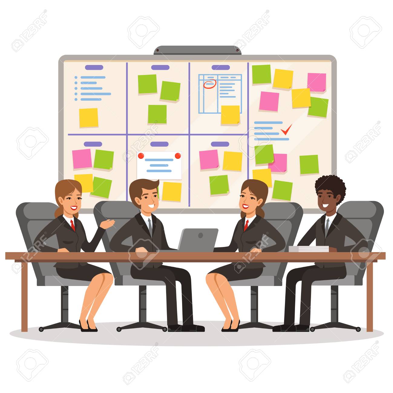 ビジネスチームが作業し スクラムボード上でいくつかの計画を立てる のイラスト素材 ベクタ Image