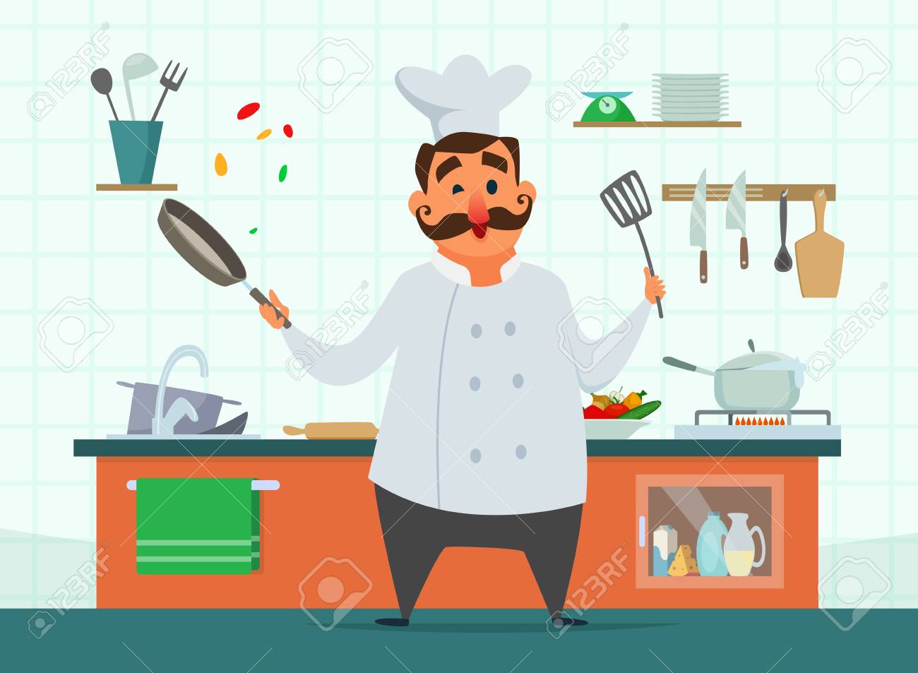 Chef Cooking On The Kitchen Vector Character In Cartoon Style