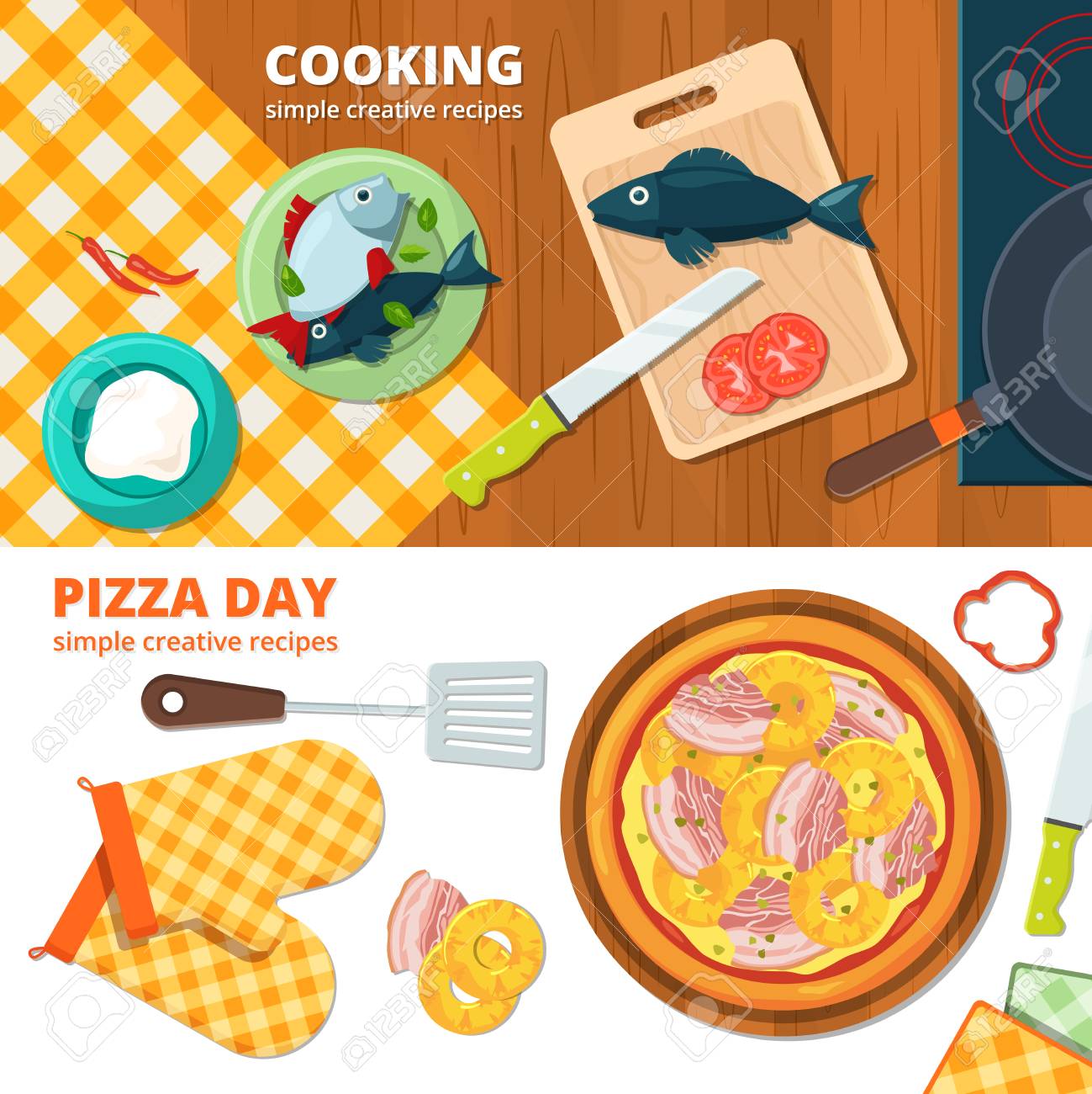 キッチンツールの異なるイラストを持つ水平バナー 調理ピザバナー キッチンテーブルクロスベクトル上のおいしい食べ物 のイラスト素材 ベクタ Image