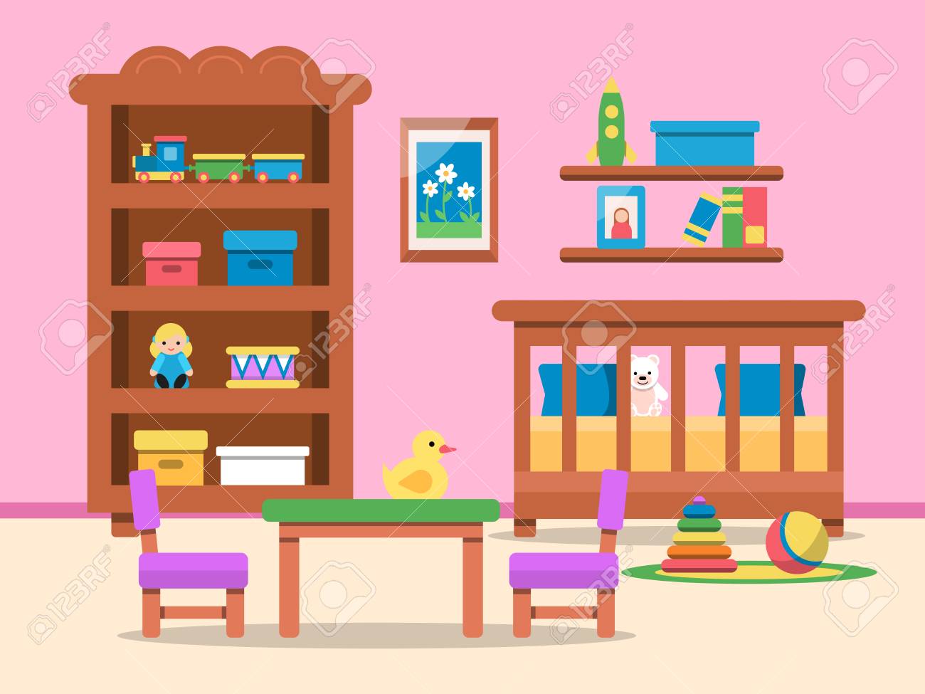 Vector Picture Of Kids Room Interior Bed Table And Various
