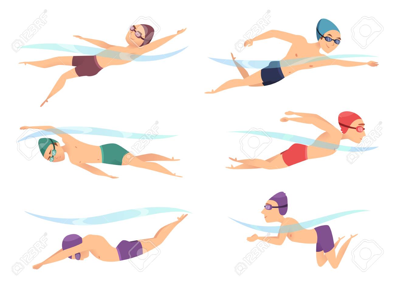 Swimmers at various poses. Cartoon sport characters in poll action poses crawl, breaststroke and butterfly, vector illustration - 111653483 Swimmers at various poses. Cartoon sport characters in poll action poses crawl, breaststroke and butterfly, vector illustration - 111653483