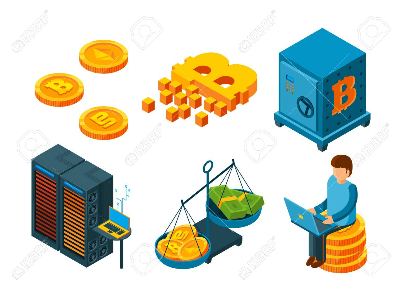 암호화 통화 3d 아이콘입니다. 비즈니스 Ico 블록체인 컴퓨터 기술은 비트코인 글로벌 금융 벡터 아이소메트릭을 채굴합니다. 암호 화폐  비즈니스, 비트코인 채굴의 그림 로열티 무료 사진, 그림, 이미지 그리고 스톡포토그래피. Image 110236958