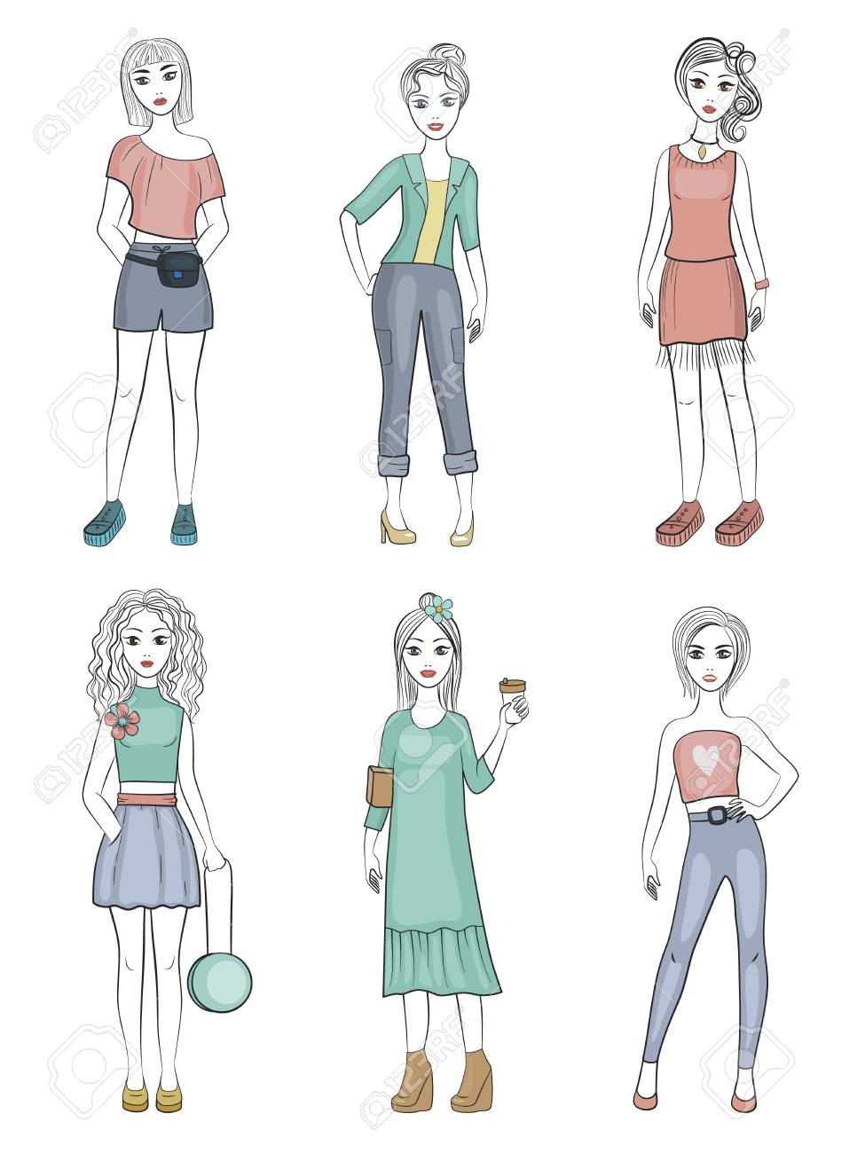 ファッションの女の子 ファッショナブルなワードローブアイテムベクトルキャラクターのイラストでポーズをとって立っている女性の若いモデル ファッションウーマン ポージングモデルフィギュア の写真素材 画像素材 Image