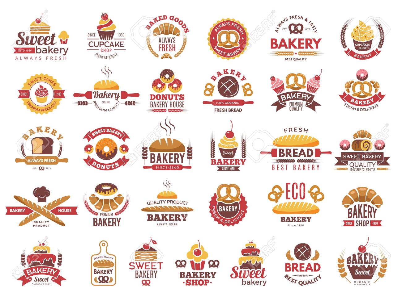 Colored Bakery Labels Vintage Food Logos With Cooking Pastry