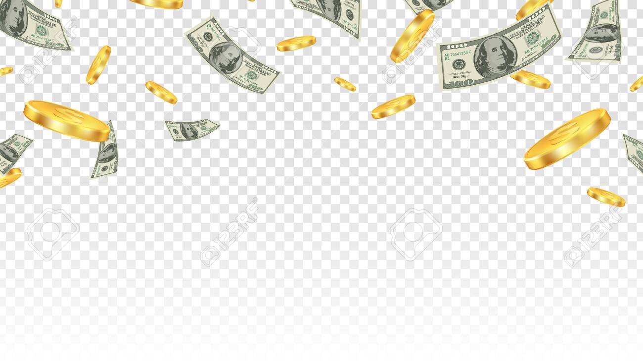 お金を飛ぶ。透明な背景に隔離された空気中の金貨と紙幣。ベクトル金融や銀行や宝くじは、背景を獲得します。イラストファイナンス現金と通貨コイン、ジャックポット成功のイラスト素材・ベクター  Image 138261880