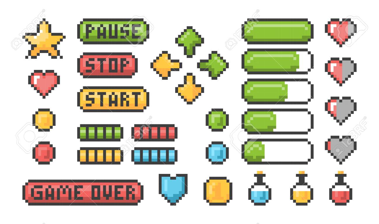 Pixel Game Icon. Ui Web Bars And Buttons For 8 Bit Console Vector Retro Elements. Game Interface, Bright Gui 8-bit Illustration Royalty Free SVG, Cliparts, Vectors, And Stock Illustration. Image 139288688. Pixel Game Icon. Ui Web Bars And Buttons For 8 Bit Console Vector Retro Elements. Game Interface, Bright Gui 8-Bit Illustration Royalty Free Svg, Cliparts, Vectors, And Stock Illustration. Image 139288688.