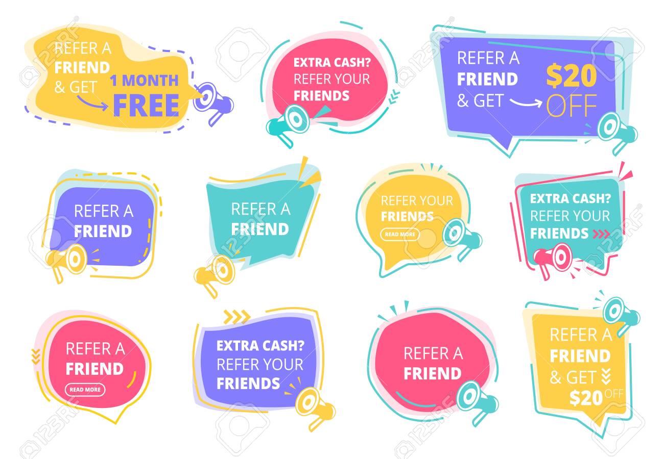 Refer A Friend Referral Program Promotional Stickers Vector Colored Badges Design Template Refer Friend Referring And Recommend Illustration Royalty Free Cliparts Vectors And Stock Illustration Image 140361537
