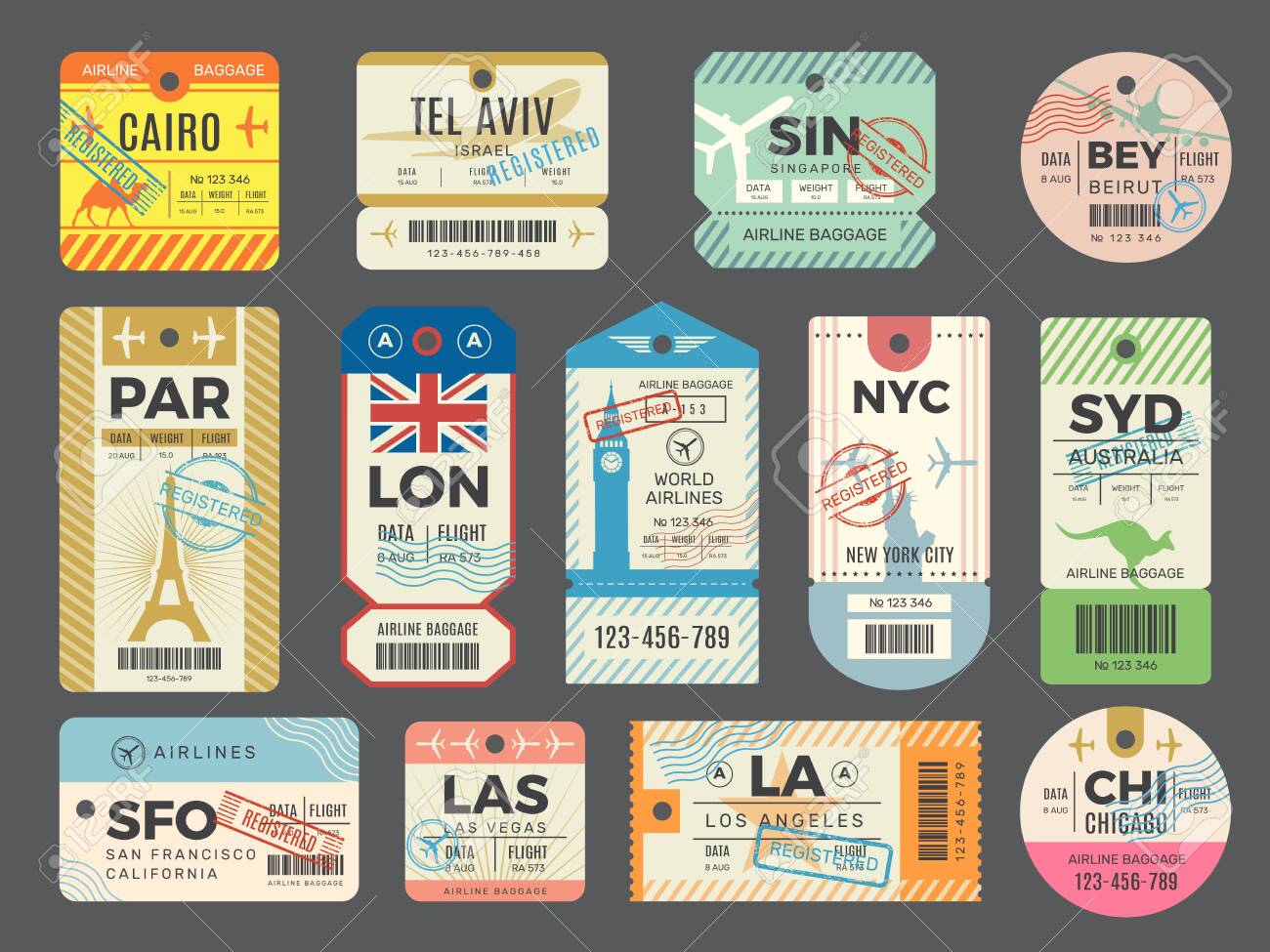Baggage retro tags. Traveling old tickets flight labels stamps for luggage vector set. Luggage tag ticket, airplane paper baggage card illustration - 144003789 Baggage retro tags. Traveling old tickets flight labels stamps for luggage vector set. Luggage tag ticket, airplane paper baggage card illustration - 144003789