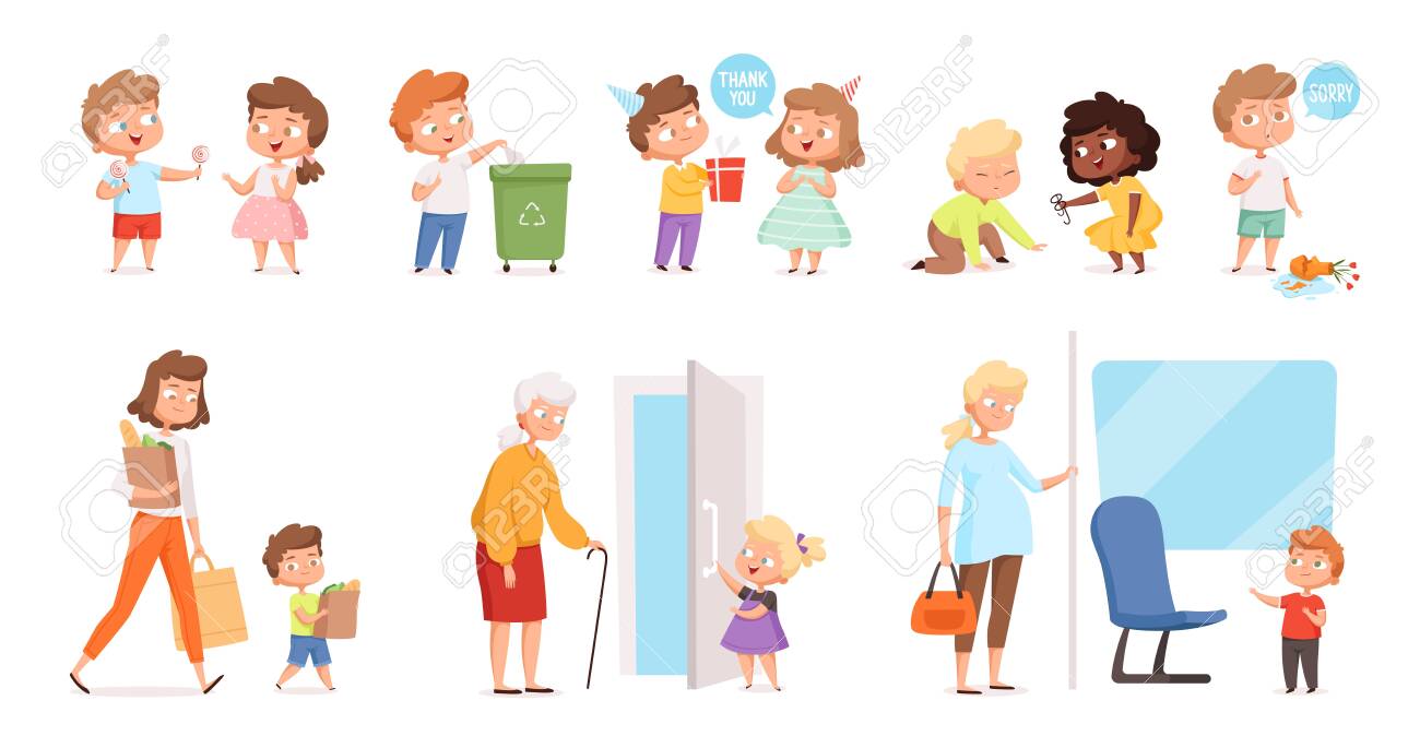 Behaving Kids Childrens With Good Manners Helping To Adult And Royalty Free Cliparts Vectors And Stock Illustration Image