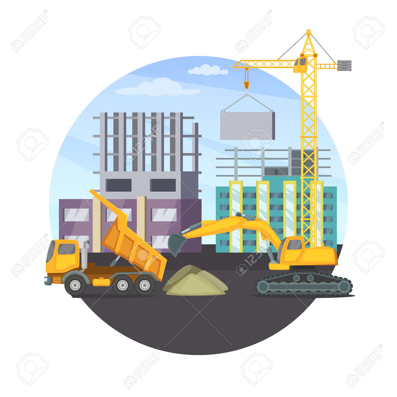 Construction concept with unfinished modern building and different heavy machines. Vector illustration. Machinery truck bulldozer transport - 165995453 Construction concept with unfinished modern building and different heavy machines. Vector illustration. Machinery truck bulldozer transport - 165995453