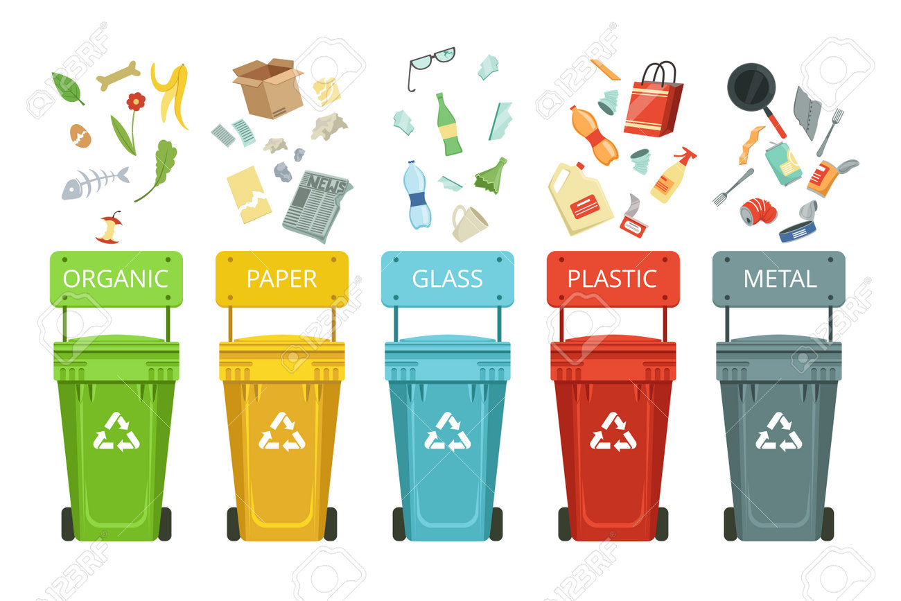 Madrid Reciclaje Cubo Materia Organica Vector Illustration Of A Recycling  Bins For Paper Plastic Glass Trash, image size:1300x867