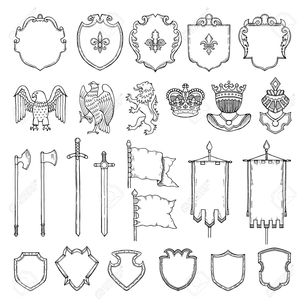 Medieval heraldic symbols isolate on white. Vector hand drawn illustrations. Medieval emblem royal crown and ancient sword - 166036680 Medieval heraldic symbols isolate on white. Vector hand drawn illustrations. Medieval emblem royal crown and ancient sword - 166036680