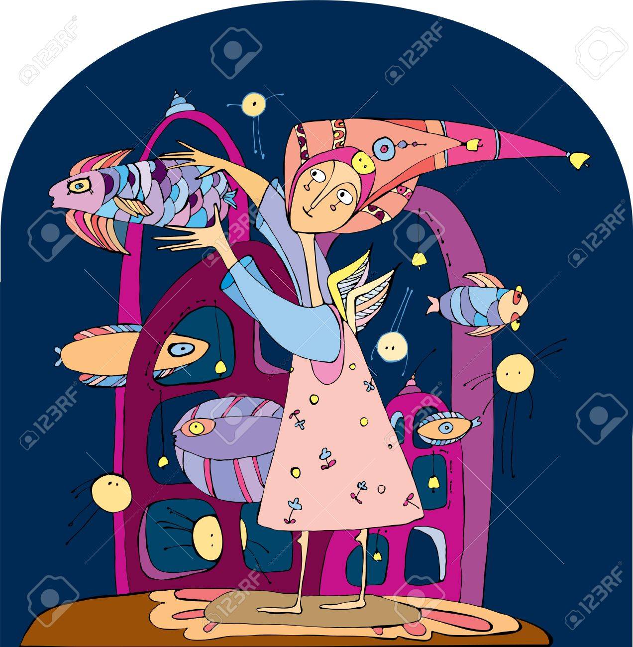 紫色のドレスの女の子は水の下で暗い青魚をキャッチします のイラスト素材 ベクタ Image