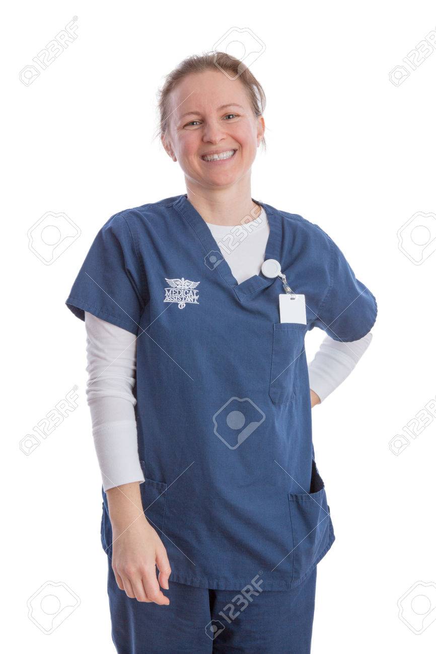 smiling happy attractive young medical assistant in her blue stock looking for medical assistant