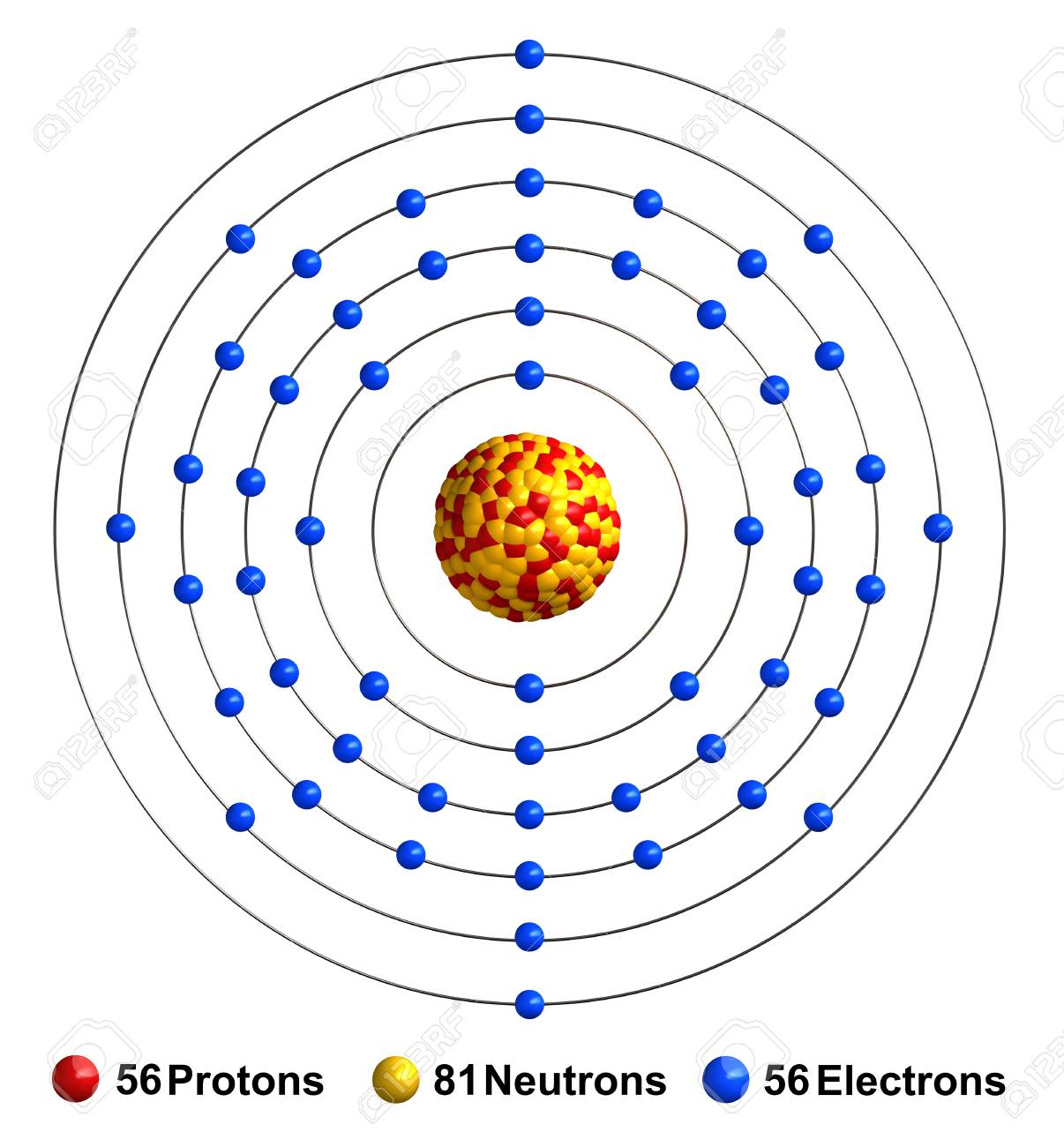 3d Render Of Atom Structure Of Barium Isolated Over White Background  Protons Are Represented As Red Spheres, Neutron As Yellow Spheres, Electrons  As Blue Spheres Stock Photo, Picture and Royalty Free Image.