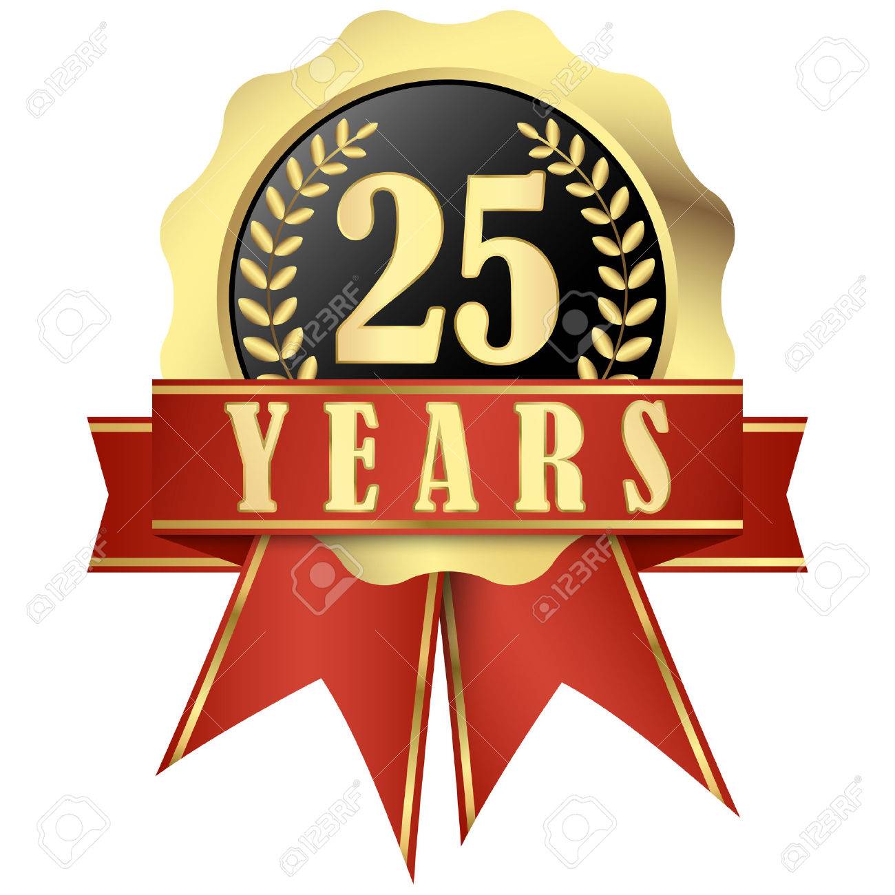 golden jubilee button with banner and ribbons for 25 years royalty