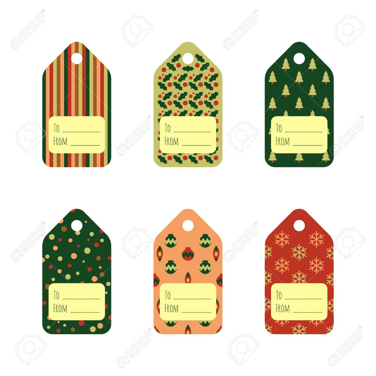 set of bright christmas gift tags in traditional colors holiday