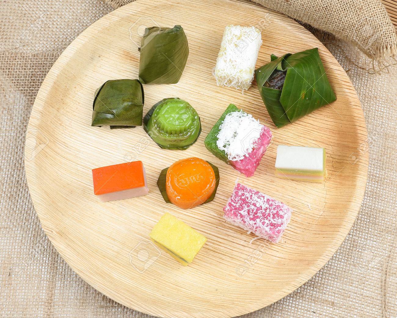 Kuih Traditional Malay Nyonya Sweet Desert Assorted Mix On Palm Leaf Plate Jute Stock Photo Picture And Royalty Free Image Image 66004220