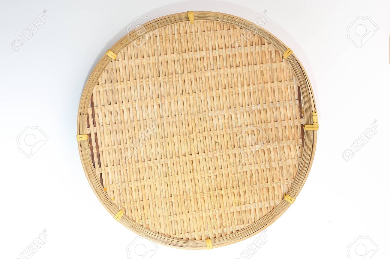 Empty Round Bamboo Tray Plate On White 