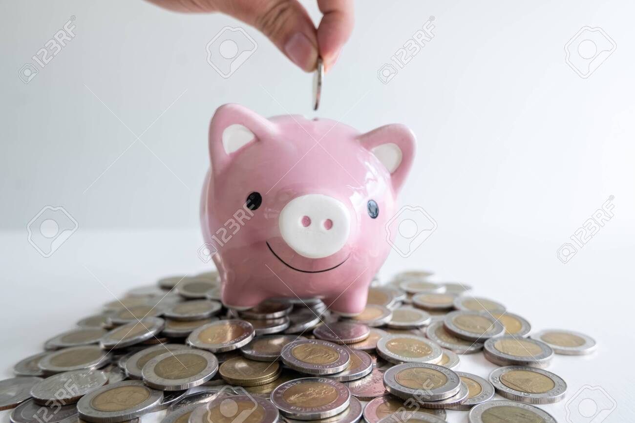 Hand Putting Coin In Pink Piggy Bank 