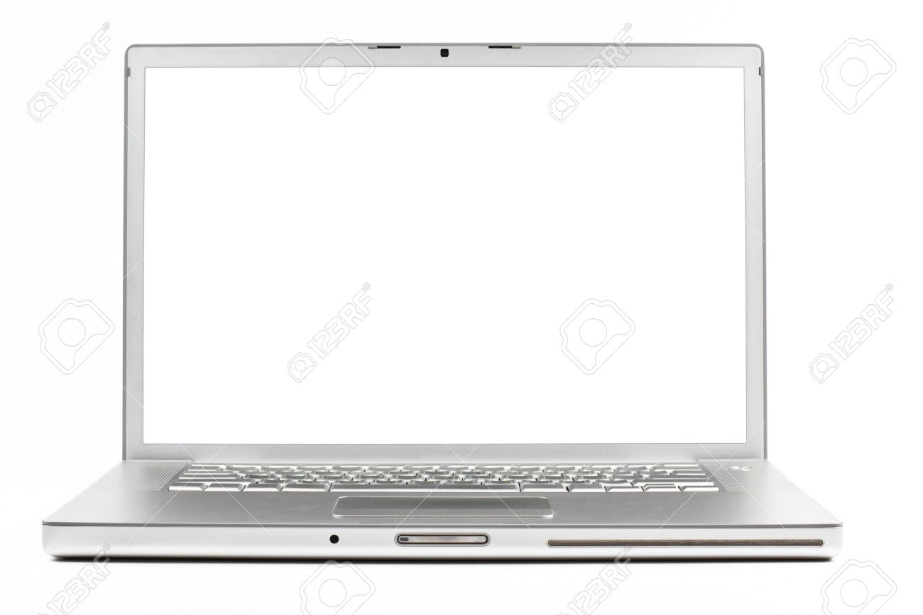 silver laptop front wiev with black screen isolated on white stock