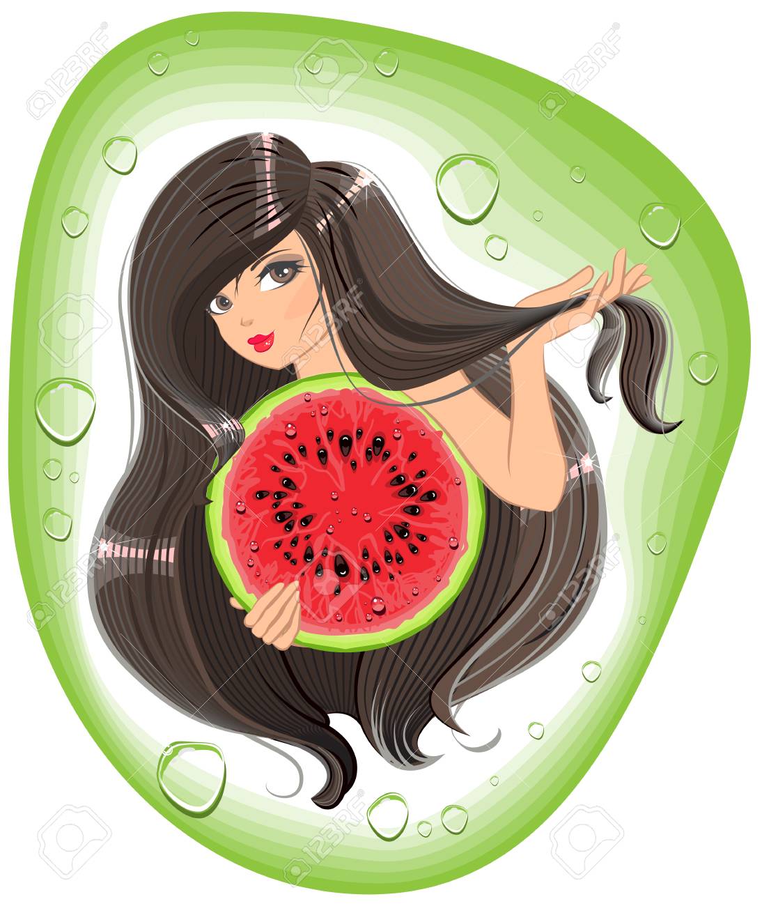 brunette girl holding a watermelon template label shampoo
