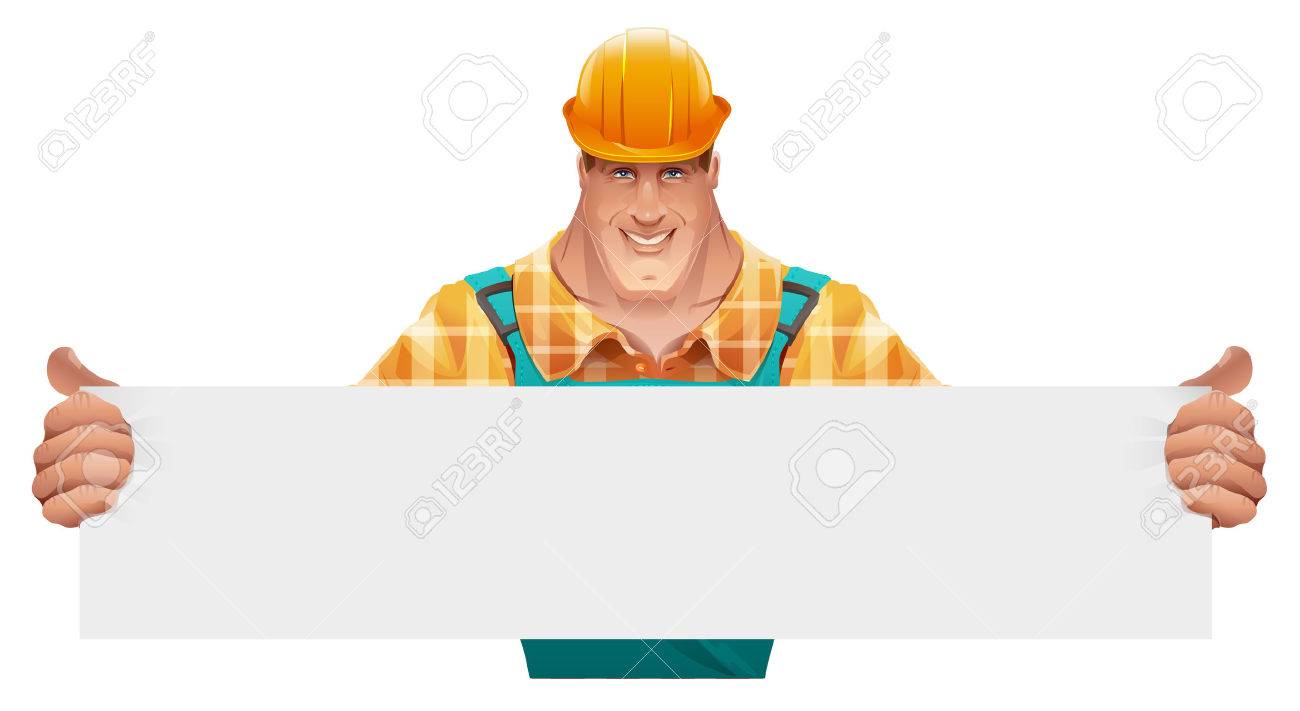 Strong male worker holding blank banner. Man in overalls. Worker in helmet. Cartoon illustration in vector format - 55601598 Strong male worker holding blank banner. Man in overalls. Worker in helmet. Cartoon illustration in vector format - 55601598