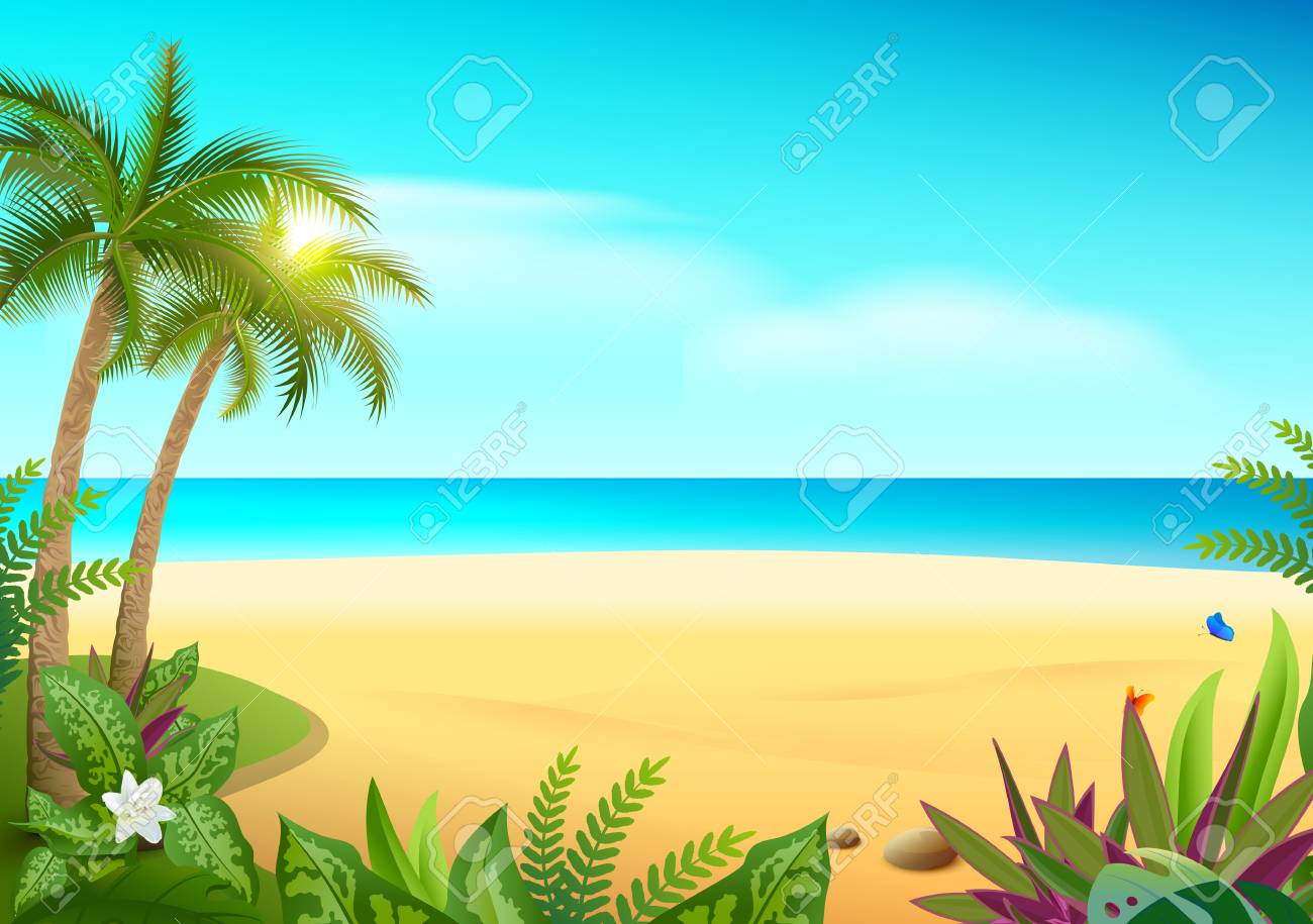 Ile De Paradis Tropical Plage De Sable Fin Palmiers Et Mer Illustration De Dessin Anime De Vecteur Hawaii Clip Art Libres De Droits Vecteurs Et Illustration Image