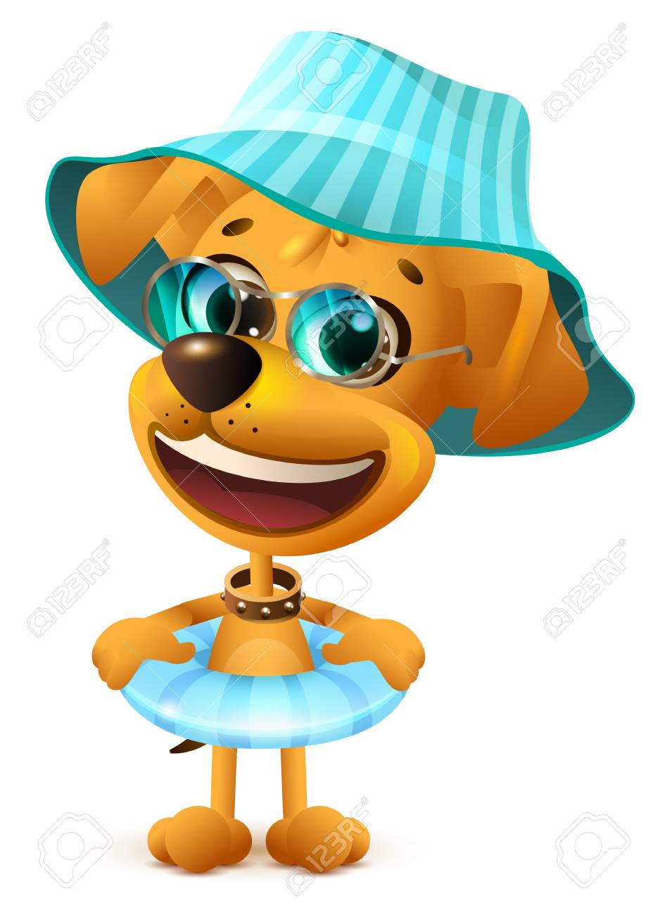 Chien Jaune Au Chapeau Et Avec Cercle De Natation Illustration De Dessin Animé De Vecteur Amusant