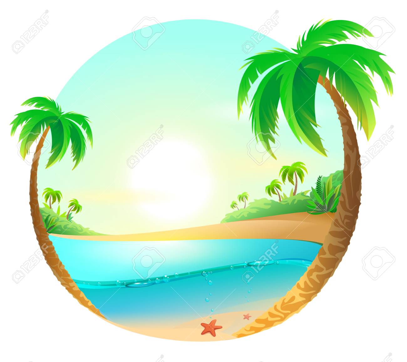 tropical beach among palm trees vector cartoon illustration royalty