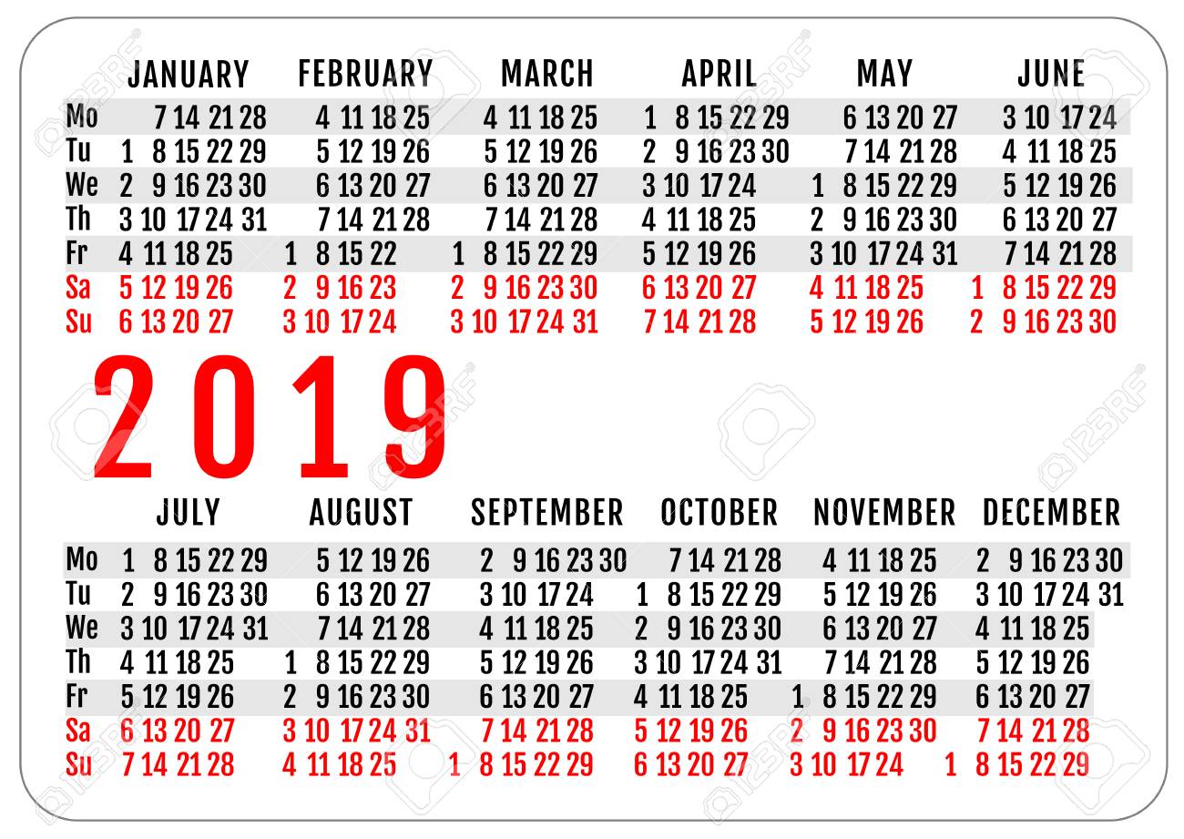 2019 Horizontal Pocket Calendar Grid Template Mockup Vector Royalty Free Cliparts Vectors And Stock Illustration Image 98232488