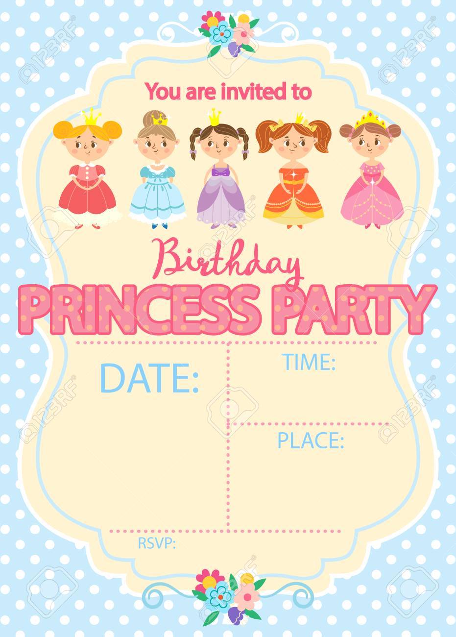 プリンセスの誕生日パーティー 招待状テンプレート カード のイラスト素材 ベクタ Image