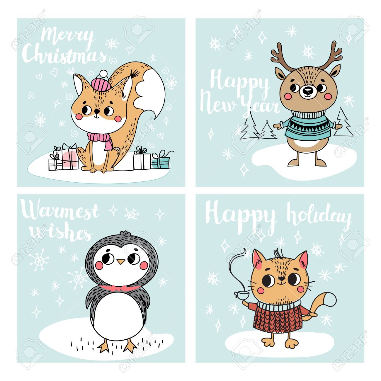 Lustige Weihnachtspersönlichkeiten. Weihnachtsfiguren Tiere. Sammlung mit Weihnachtskarten Lustige Weihnachtspersönlichkeiten. Weihnachtsfiguren Tiere. Sammlung mit Weihnachtskarten
