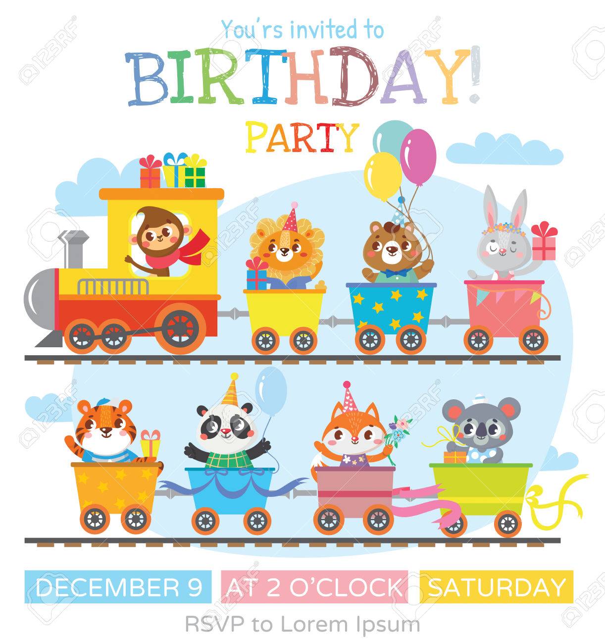 greeting card with cute animal on train birthday party vector