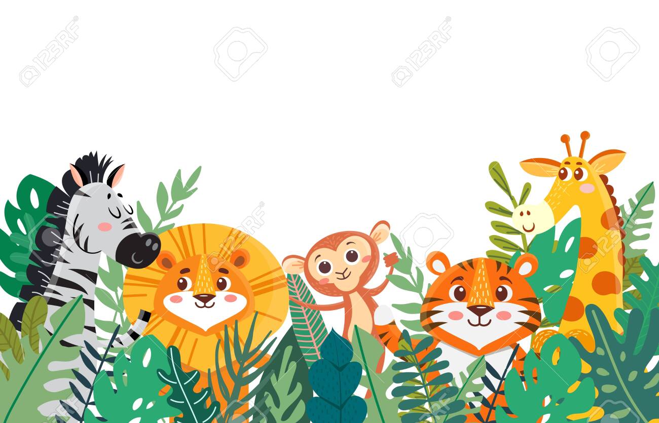 Wild Jungle Animals In Tropical Leaves. Leaves Border With Tiger And Lion,  Zebra And Giraffe, Monkey. Cartoon Vector Illustration. Banner Royalty Free  SVG, Cliparts, Vectors, and Stock Illustration. Image 144873336., image size:1300x835