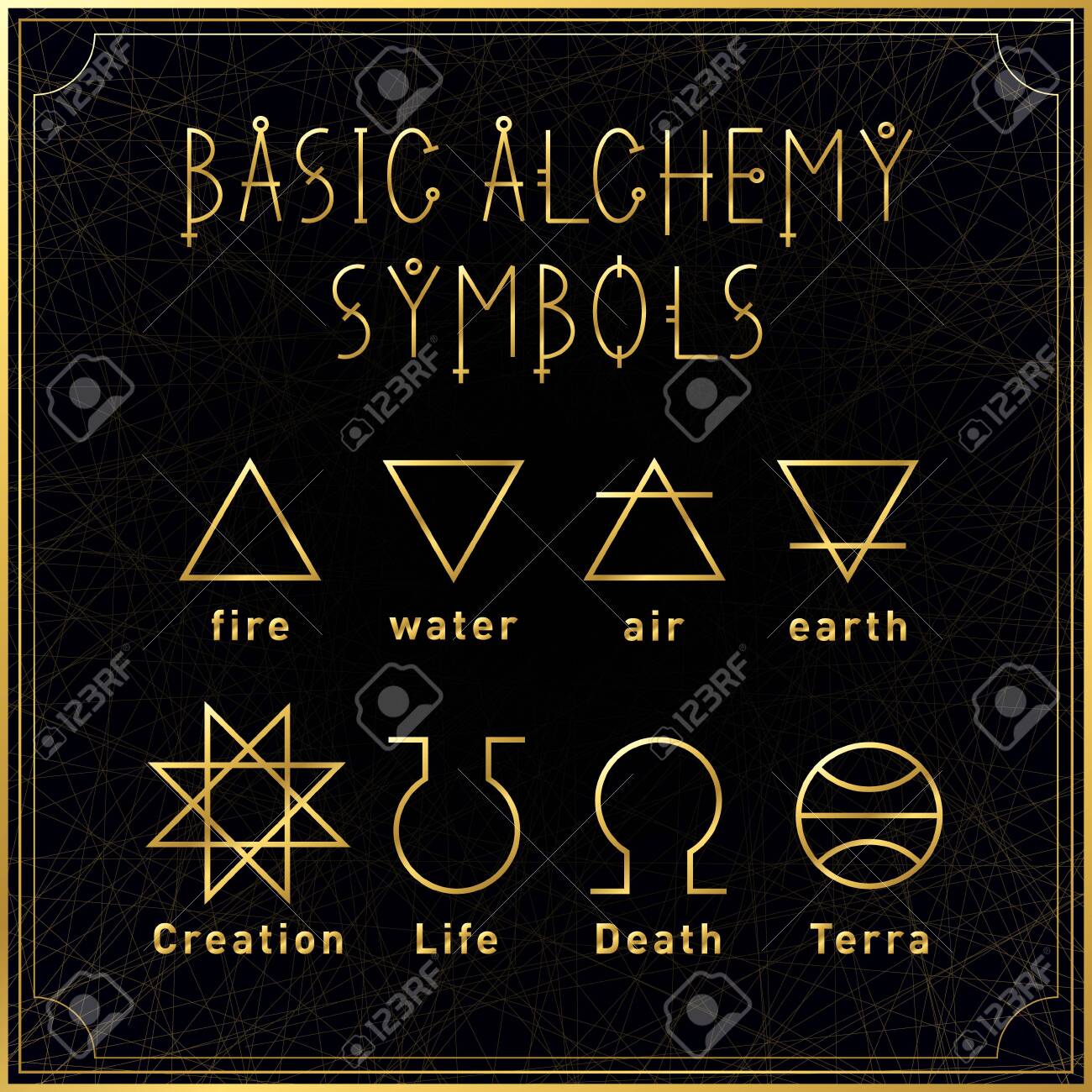 Alchemical Golden Basic Symbols Set On Dark Background. Elements Of Nature.  Creation, Life, Death, Terra. Sacred Geometry. Vector Illustration. Royalty  Free SVG, Cliparts, Vectors, and Stock Illustration. Image 142627382., image size:1300x1300