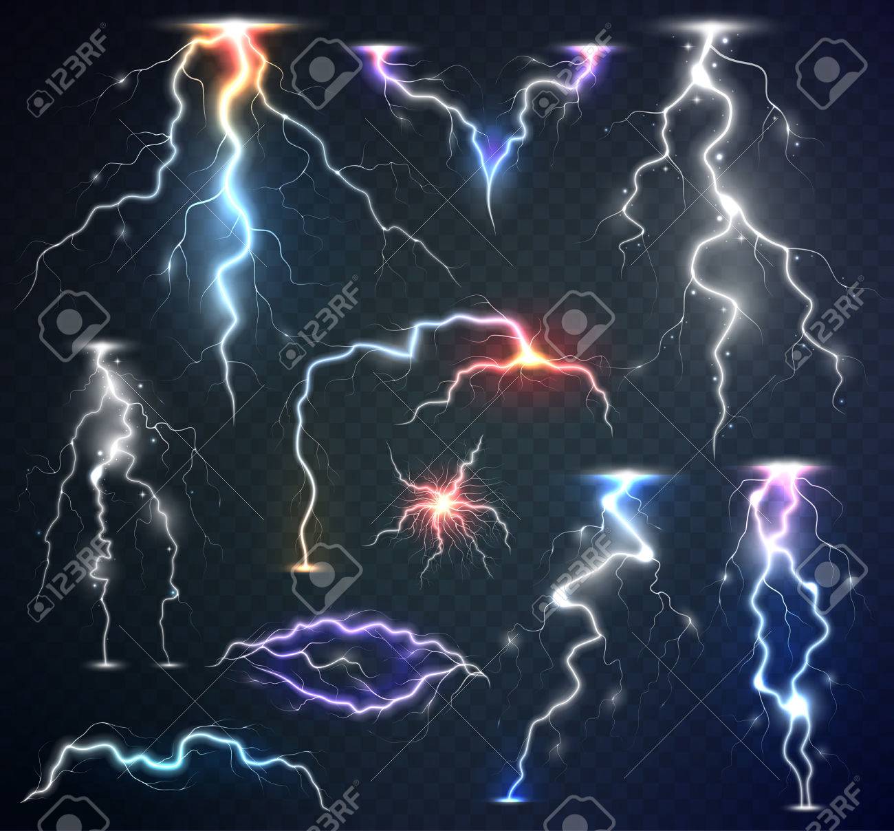 デザインの透過性と分離の現実的な電光のセットです 自然な効果 魔法と明るい照明効果 雷の嵐と雷 のイラスト素材 ベクタ Image