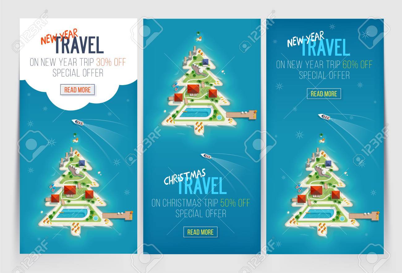 three new year and christmas vacation holiday banners island in the