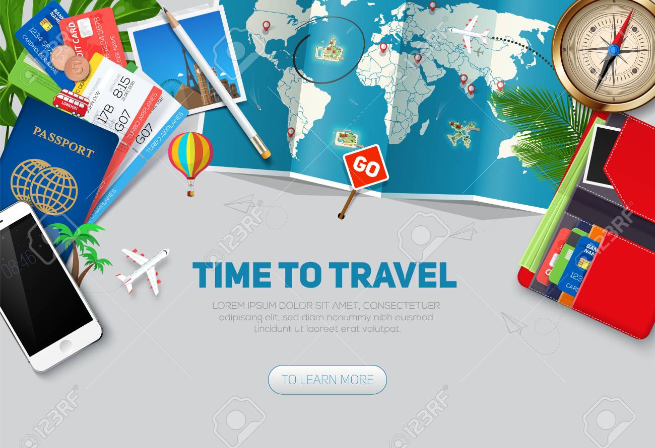 Travel And Tourism Background. Travel Concept, Ready For Summer. Top View.  Concept Website Template. Royalty Free SVG, Cliparts, Vectors, and Stock  Illustration. Image 92043076., image size:1300x891