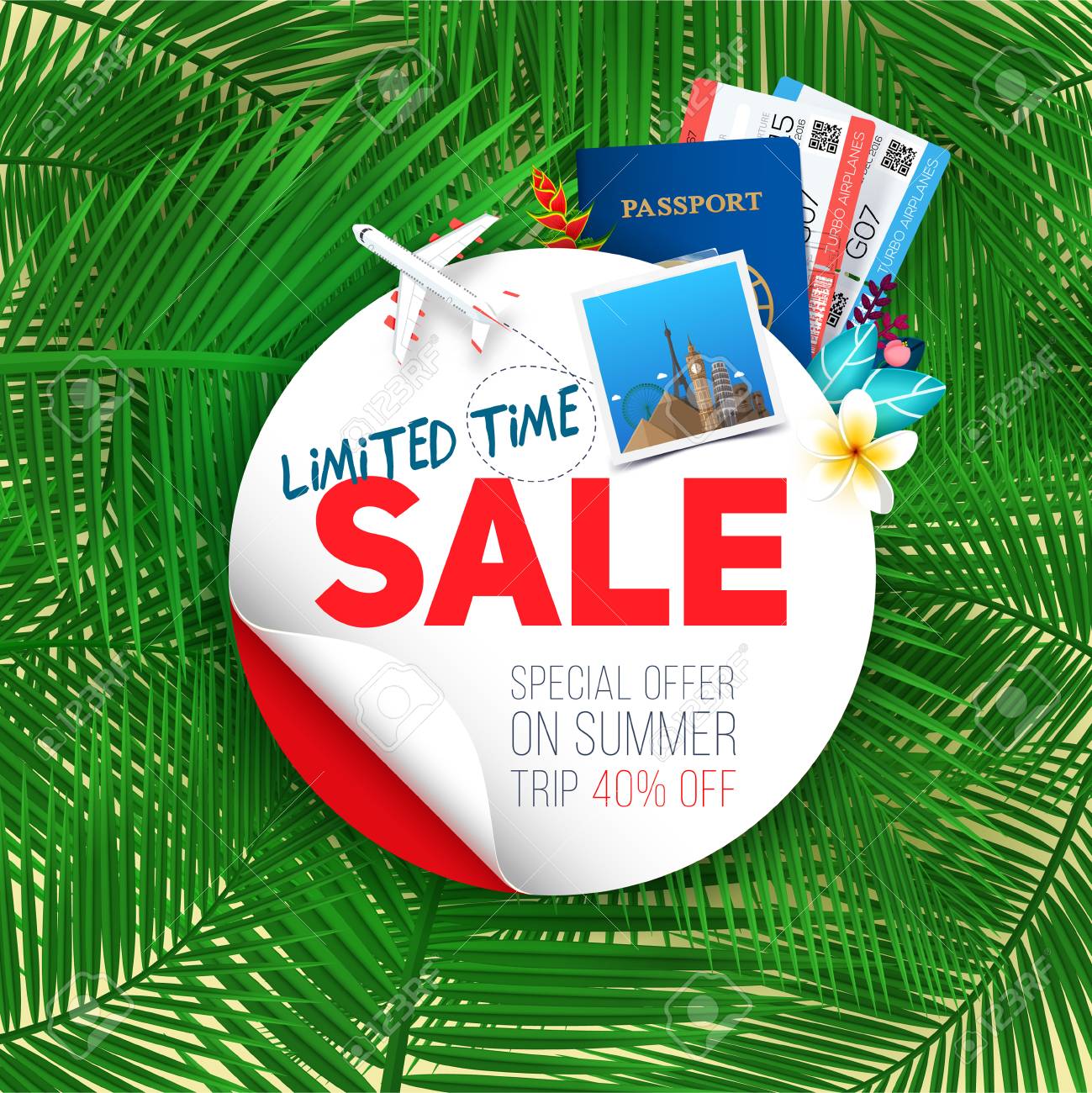 期間限定販売 エキゾチックなヤシの葉の背景に夏のバナー 割引と販売テンプレート 夏の旅行に最適なオファー ベクトルイラストのイラスト素材 ベクタ Image