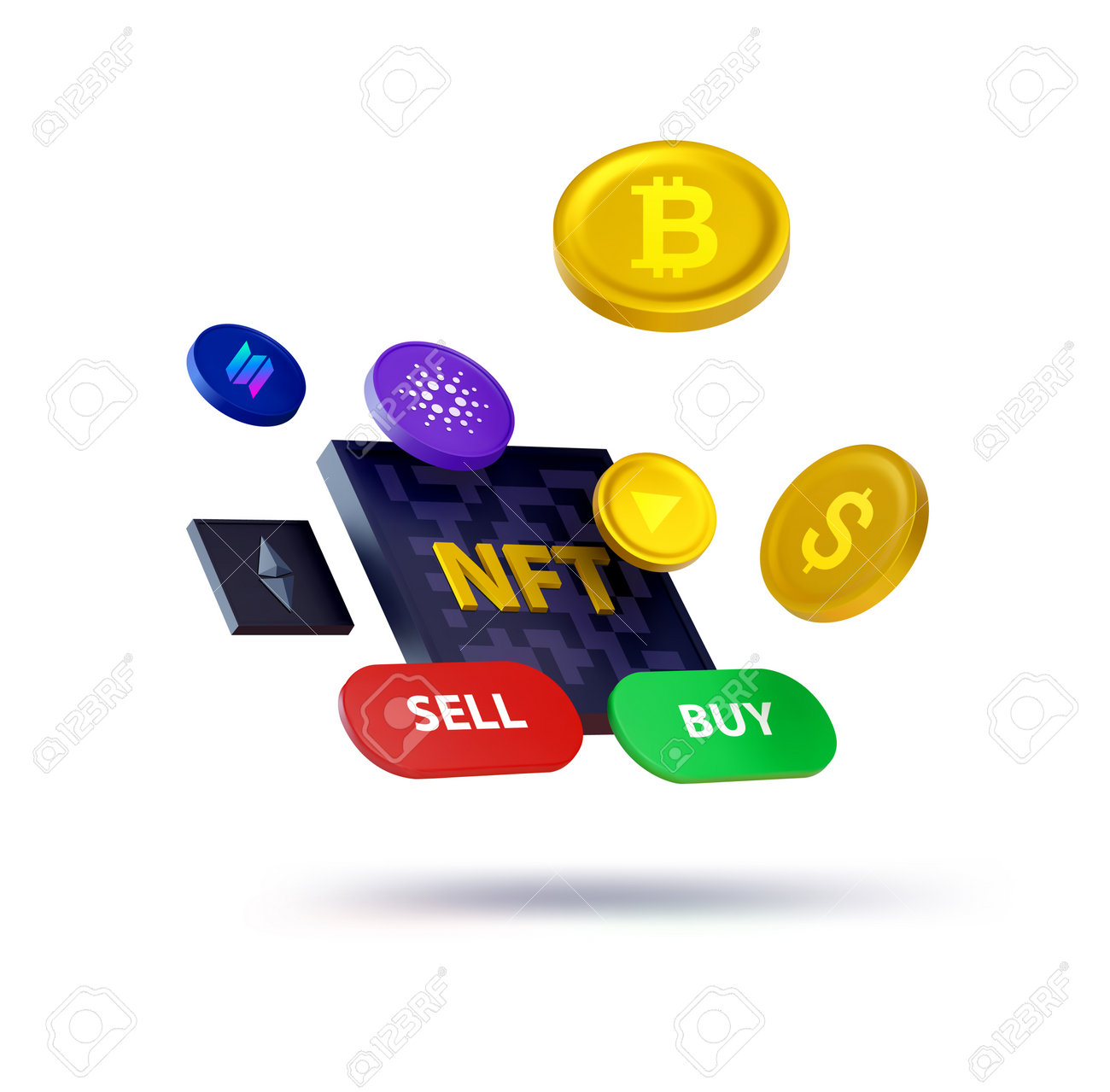 NFT Non Fungible Token Concept. Composition With Cryptocurrency, Icons,  Coins And With Two Buttons Buy, Sell. ERC20. Virtual Blockchain Art  Marketplace. Vector 3D Illustration For Modern Web Design Royalty Free SVG,  Cliparts,