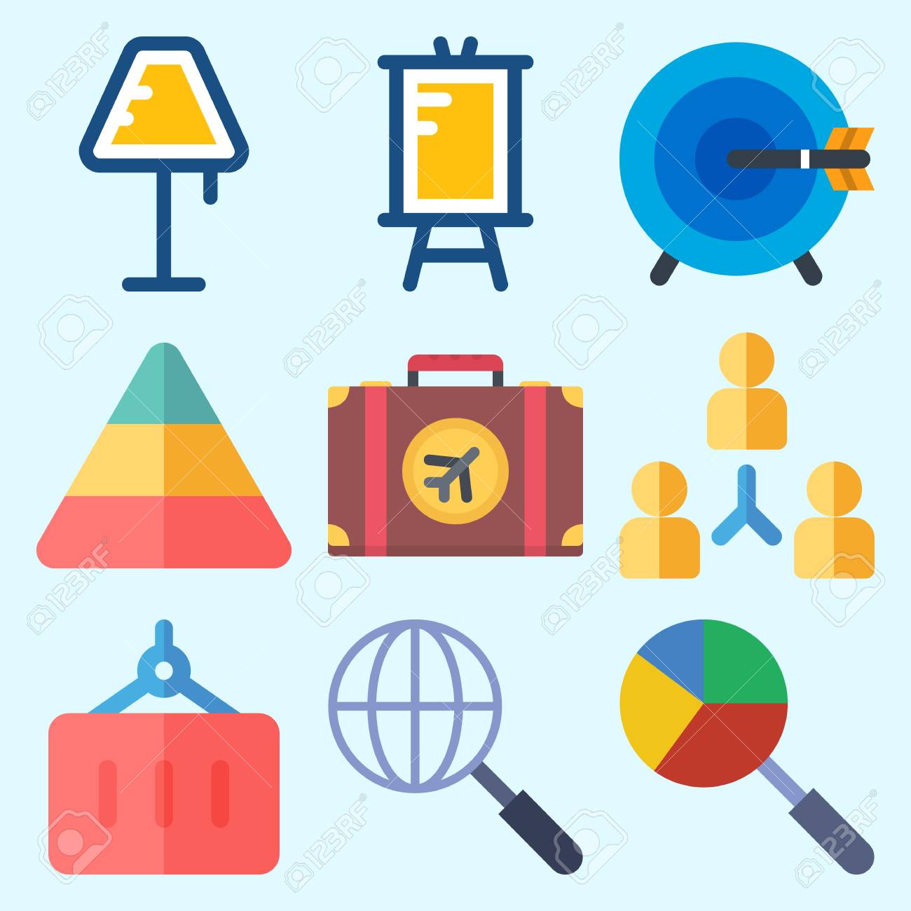 icons set about business with lamp suitcase pyramid presentation