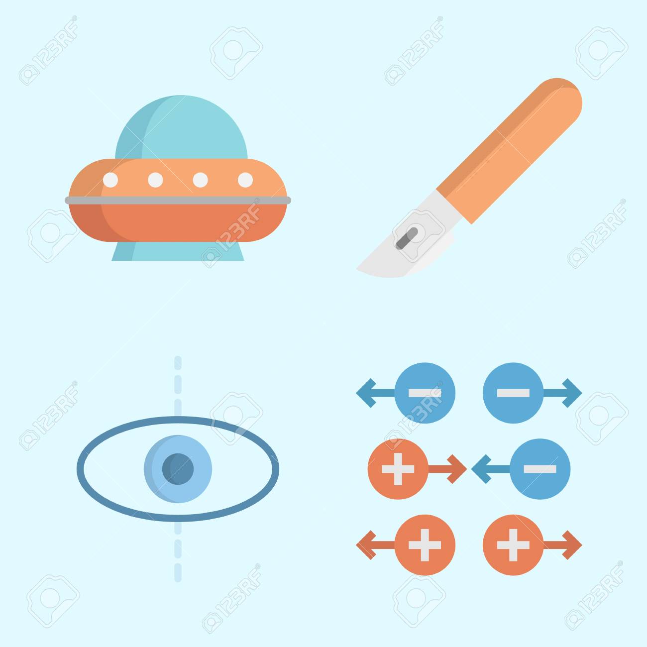 icons about science with ufo planet scalpel and gravity royalty