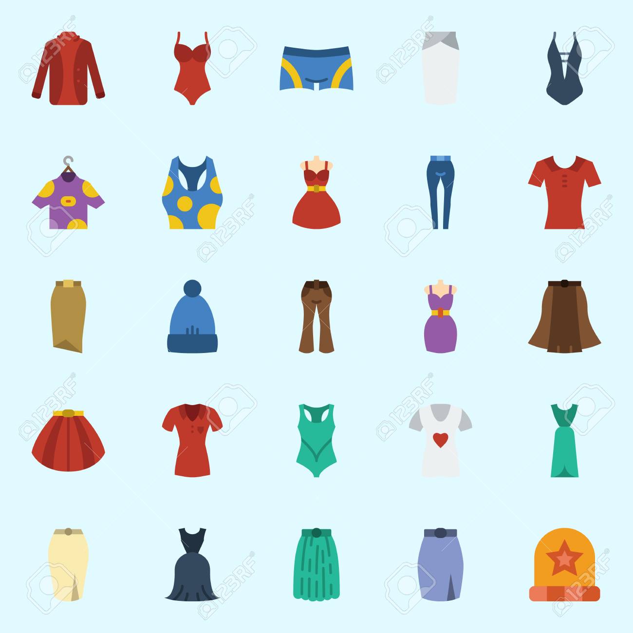 Conjunto De Iconos Sobre Ropa De Mujer Con Vestido, Pantalón Conjunto De Iconos Sobre Ropa De Mujer Con Camisa, Pantalón