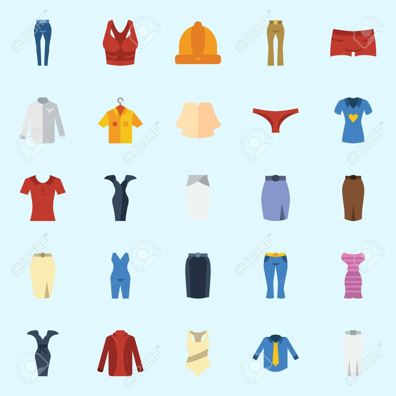 Conjunto De Iconos Sobre Ropa De Mujer. Con Pantalón, Traje Conjunto De Iconos Sobre Ropa De Mujer Con Camisa, Pantalón