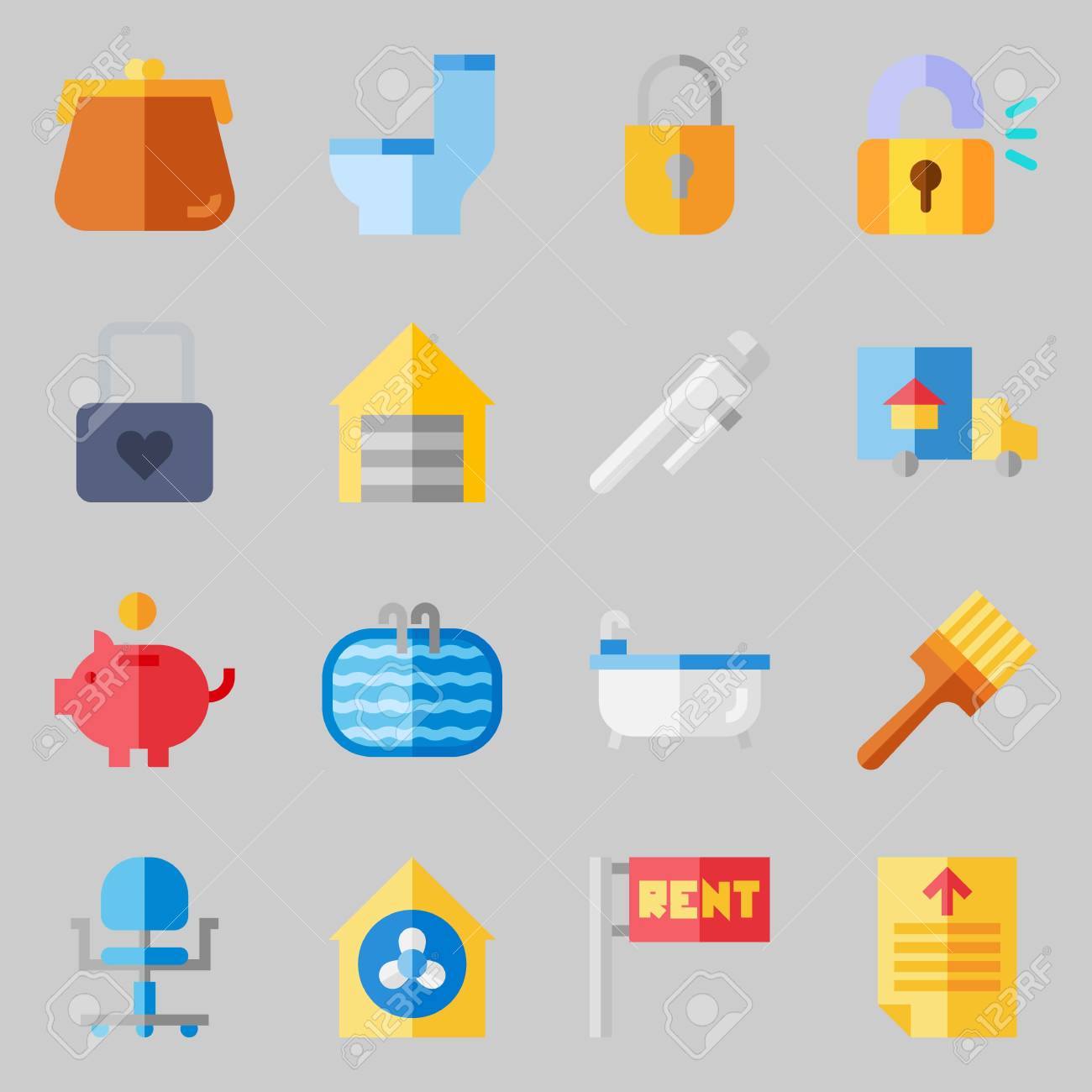 リラックス Wc ホイールチェア付きリアルアセットに関するアイコンセットのイラスト素材 ベクタ Image